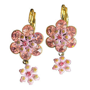 Vintage Joan Rivers Pink Rhinestones Enamel Flower Drop Dangle Earrings 1 3/8"